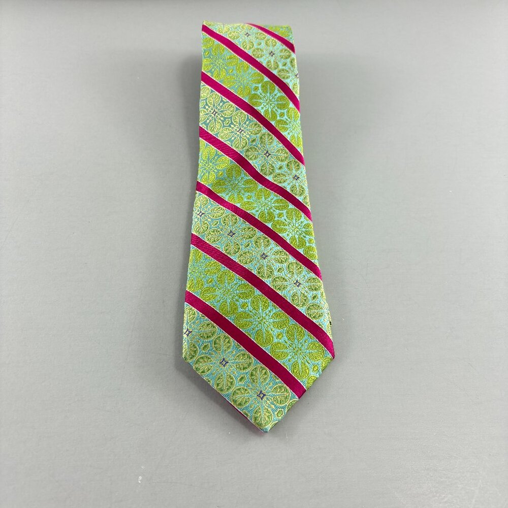 Ted Baker London Lt. Green Flowers / Pink Striped Men's Long Tie 3 1/4" x 62"